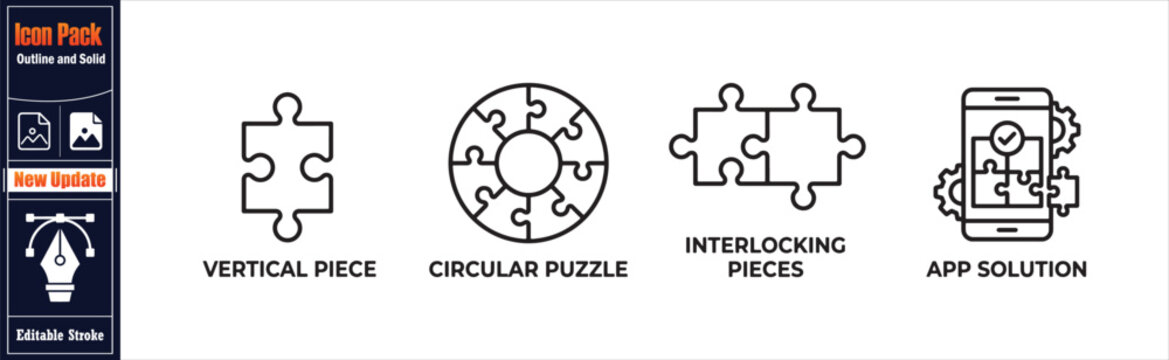 Puzzle icon set showing vertical piece circular interlocking and app solution concepts for problem solving graphic design.