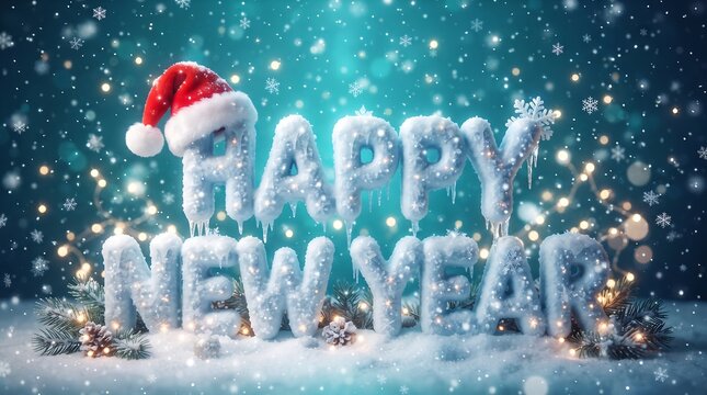 Festive Happy New Year text crafted from snow and ice with a Santa hat against a magical bokeh lights background.