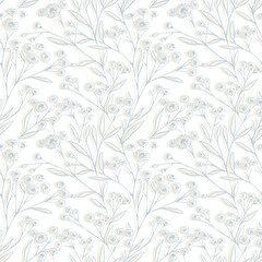 Fototapeta premium Delicate chamomile line art seamless pattern on white background. Minimalist floral vector ideal for wedding invitations, organic tea packaging, textiles, and subtle home decor