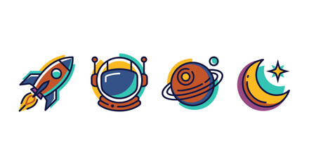 Space exploration icons showcasing rockets, astronaut helmets, distant planets, and starry nights inspiring futuristic cosmic adventures. © Dwi