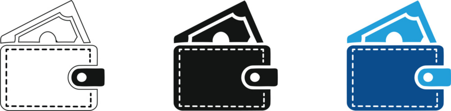 Wallet icon set, money cash purse symbol collection, financial payment line vector art, modern web design graphic elements on transparent background
