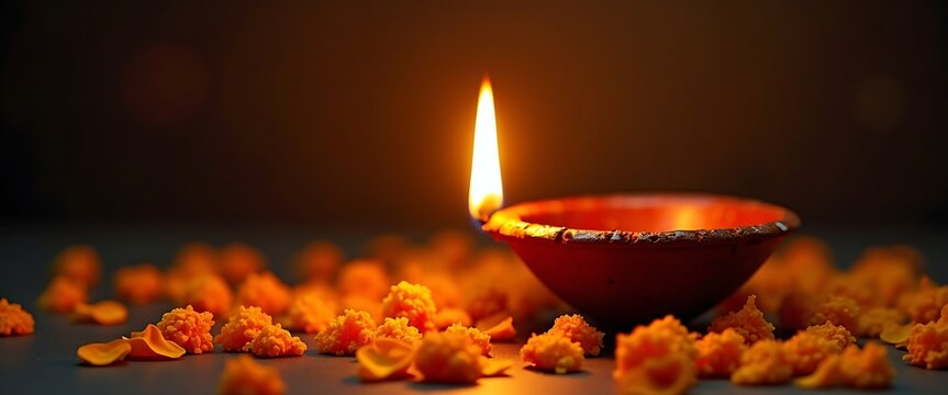 Earthen diwali diya oil lamp lit with flame surrounded by small orange marigold florets for auspicious celebrations and festivals.