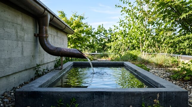 Modern copper downpipe pouring crystal clear rainwater into a rectangular concrete basin surrounded by green plants outdoors
