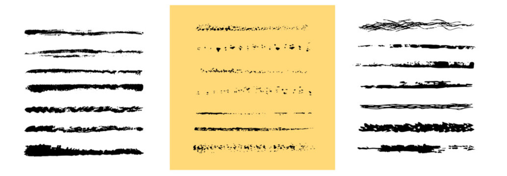 Broken ink lines with scattered dots and tangled scratch strokes in a black vector collection, jagged brush trails and fragmented paint marks for distressed dividers