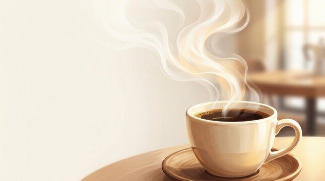 Rising aromatic steam above a freshly brewed coffee cup fading into clean empty space, cafe background for beverage branding, seasonal campaigns, menu design and social media banners, close-up, minim