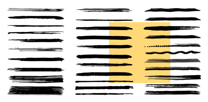 Dry brush stroke collection with long black bristle streaks and split paint trails, vector ink swipes from narrow lines to broad bands with a wavy decorative divider