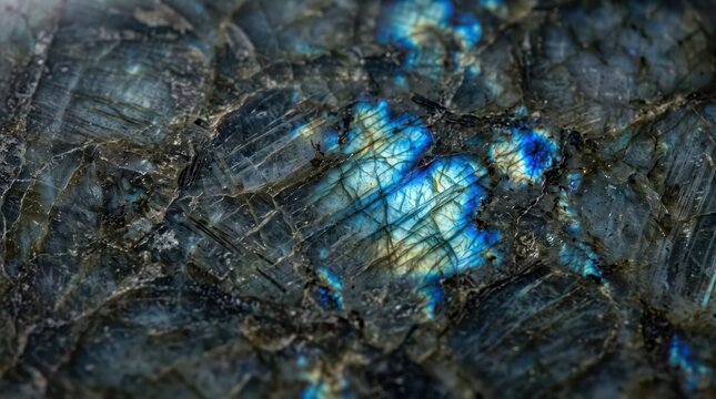 Ultra-realistic extreme macro background of natural labradorite mineral with layered crystalline structure, dark smoky tones and vivid iridescent reflections.