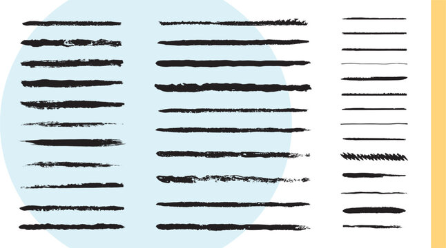 Scratch brush lines with rough black ink edges and narrow pointed strokes in a vector set, dense swipes and broken paint trails with diagonal hatching for drawn borders