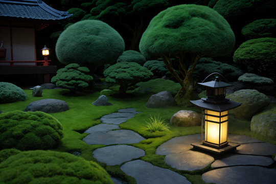 Warm garden lantern beside a flagstone path winding through a lush moss garden at night