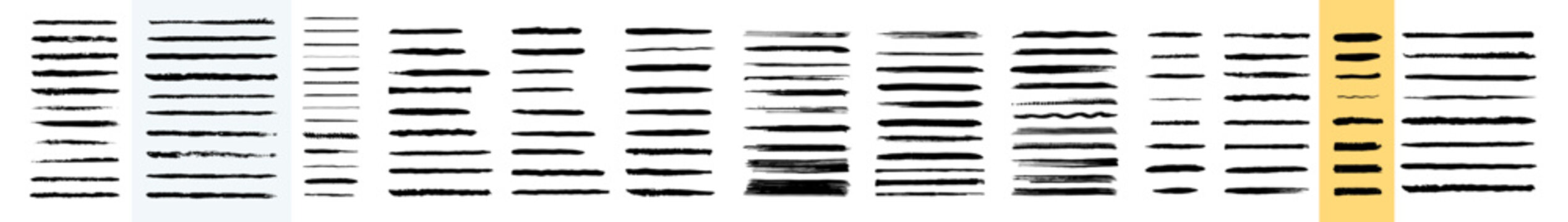 Stroke collection of black vector brushes with thin ink lines and broad paint swipes, varied bristle trails and rough edges alongside smooth marks for borders and drawing