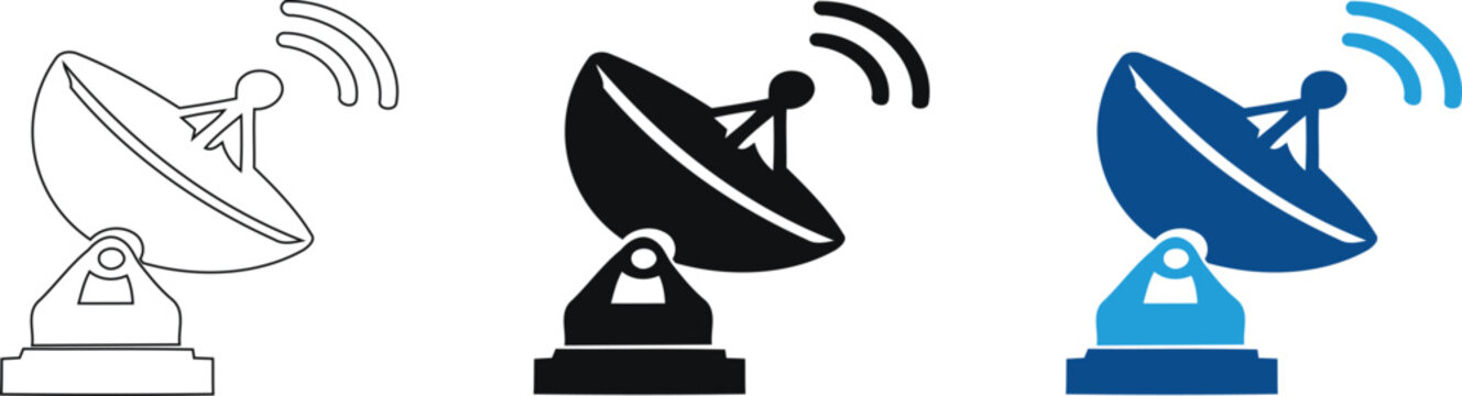 Satellite dish icon vector set, communication antenna signal symbol collection, radar receiver linear and silhouette logo graphic on transparent background