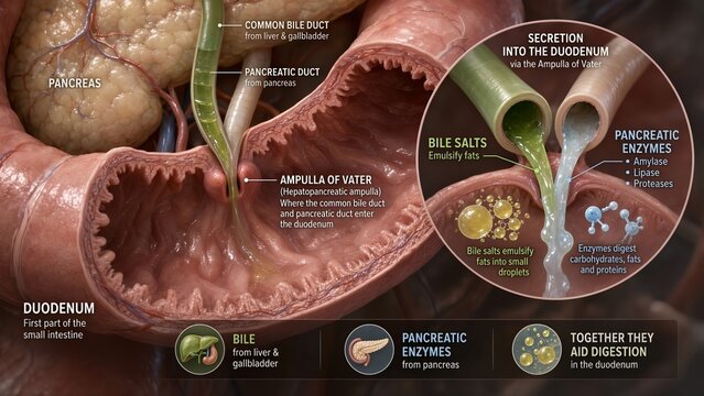Medical 3d illustration of duodenum model showing ampulla of vater entry point for pancreatic and bile ducts, with inset demonstrating enzyme secretion and bile salts emulsifying dietary fats