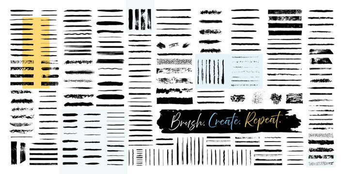 Vector brush collection with black ink lines and broad grunge paint swipes, bristle streaks and grainy spray marks with scattered splatter for drawing and rough borders