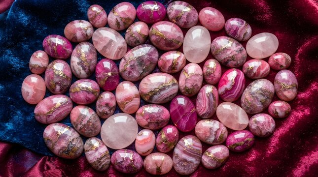 A collection of polished pink rhodonite cabochon gemstones displayed on velvet