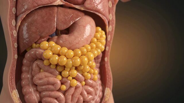 A detailed 3D medical illustration video clip showing the human digestive system and internal organs in the abdominal cavity.