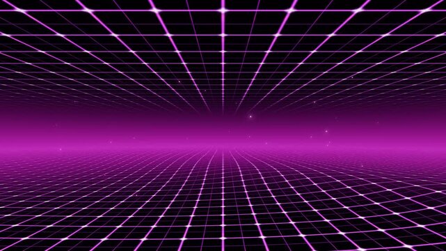 Neon synthwave cyber grid background with glowing purple magenta perspective lines and digital energy waves loop 4K