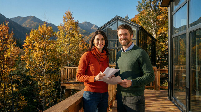 Bright cedar terraces host successful executives holding business documents wearing vibrant casual knitwear amidst autumn mountain scenery