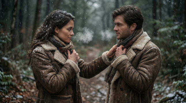 Couple in shearling lined coats pausing on a snowy forest path while winter weather begins to dust their shoulders