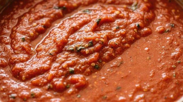 Tomato sauce surface, sauce background for artisan food branding, pasta packaging, menu cover and editorial layout, close-up, diagonal composition with open layout space, smooth tomato sauce with nat