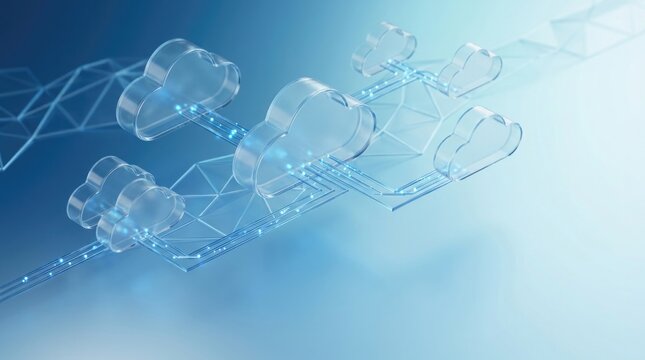 Transparent glass cloud structures connected by elegant geometric data pathways with subtle blue reflections, premium 3D illustration, sophisticated cloud computing background with spacious copy spac