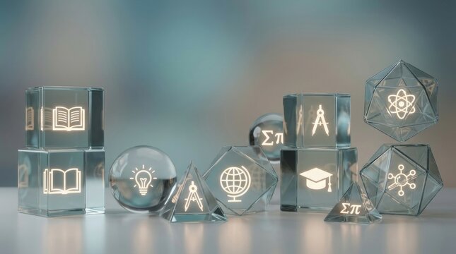 Transparent educational symbols floating within clean glass geometric structures illuminated by soft ambient light, premium 3D illustration, sophisticated education background with spacious copy spac