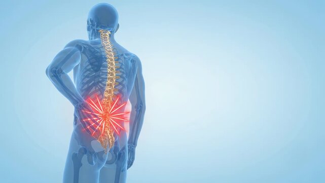 3D medical animation of a male figure showing the human spinal column highlighted in gold to represent back pain or spinal injury.