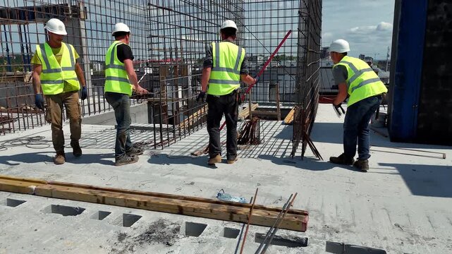 Construction crew works around steel reinforcement and upright wall forms, Infrastructure project demonstrates planning and property investment