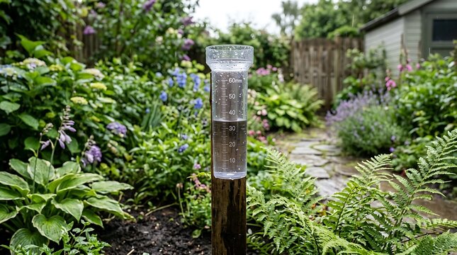 Rain gauge measuring precipitation in a lush green garden during rainfall