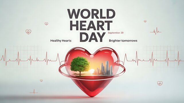 World heart day concept with red glass heart and life sign