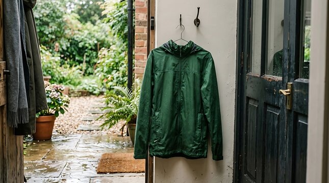 Green waterproof rain jacket hanging on a hook by a garden door