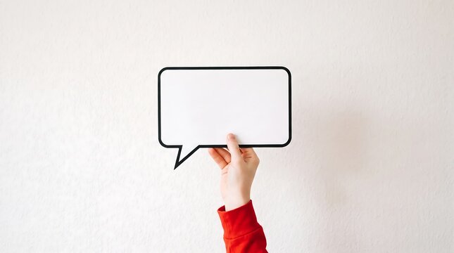 Hand holding a blank speech bubble illustration against a textured white wall for communication concepts