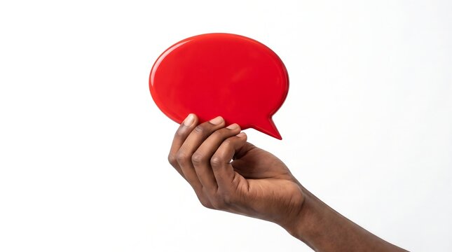 Hand holding a glossy red speech bubble against a white background for communication concepts