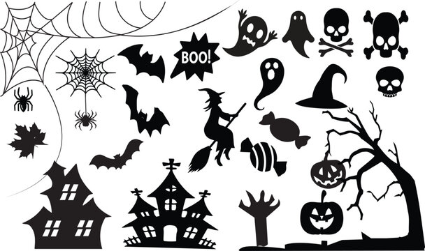 Halloween silhouette icon set, spooky vector silhouettes, black halloween party design elements, spooky ghost bat haunted house collection on transparent background