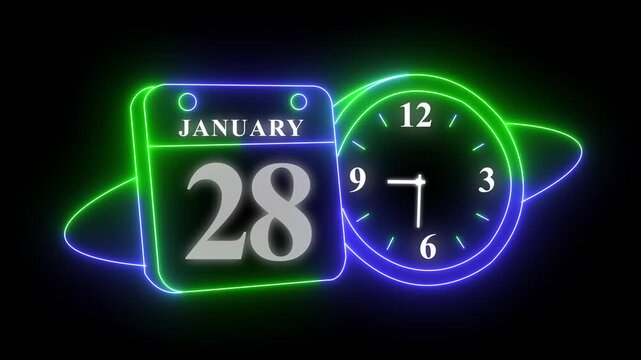 Neon calendar and clock displaying january 28 and 3:12 time
