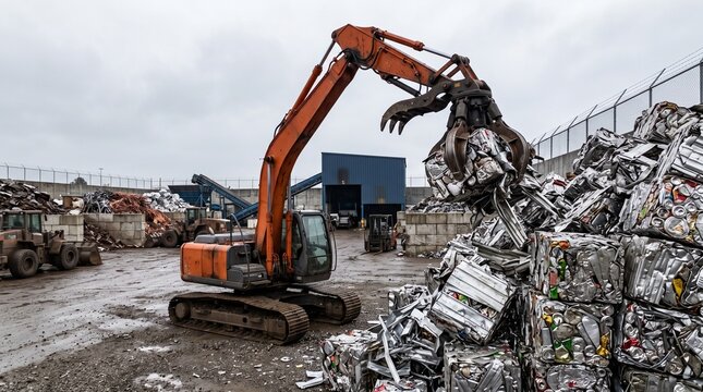 Industrial Claw Loader Handling Massive Pile of Compressed Aluminium Scrap Inside Large Outdoor Metal Recycling Facility on Cloudy Day