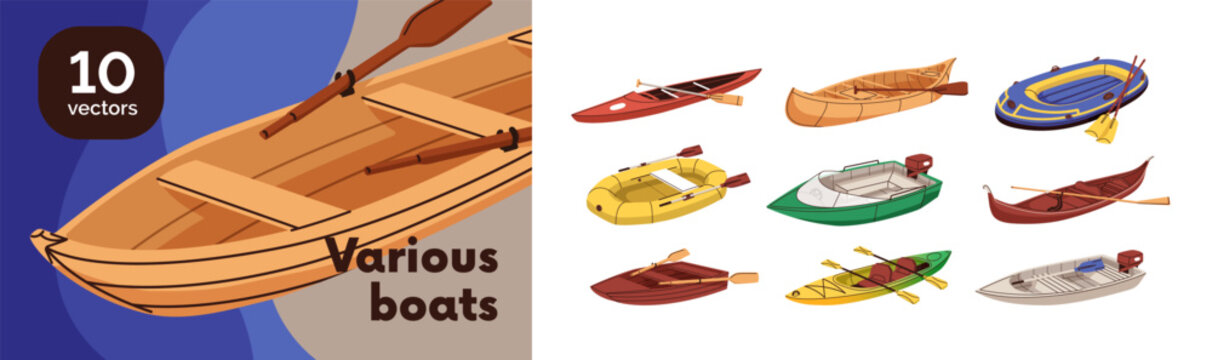Kayak, inflatable boat, wooden boat, sport canoe, motorboat, rowboat set. Different small water transport for sport, raft, leisure and fishing. Flat vector illustrations isolated on white background