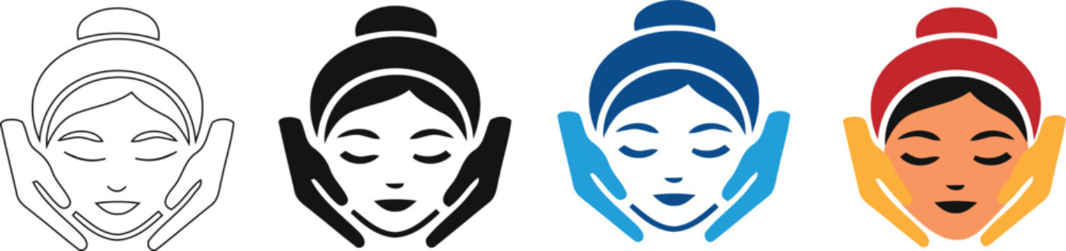 Facial skincare icon set with hands touching woman face, beauty spa treatment outline and colored symbols for wellness design on transparent background
