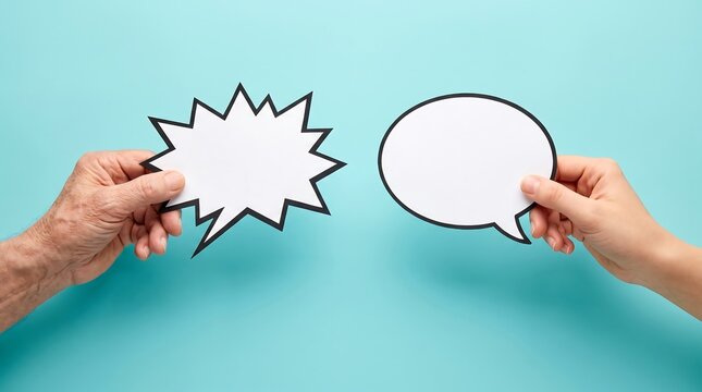 Hands holding blank speech bubbles against a light blue background representing communication and dialogue