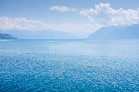 Lake Leman with blue water and distant mountains