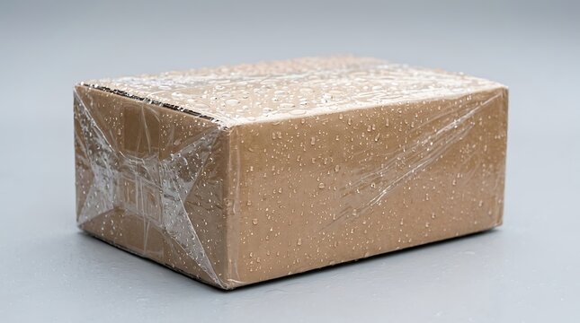 Cardboard shipping box wrapped in plastic with water droplets on grey