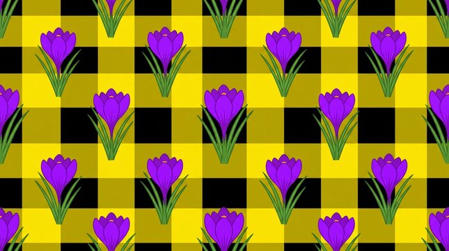 Seamless purple crocus floral pattern on yellow buffalo plaid background