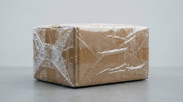 Cardboard shipping box wrapped in plastic film with water droplets on surface