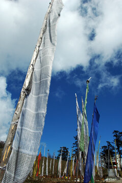 Colored prayer flags on the road, Gangtey, Bhutan
