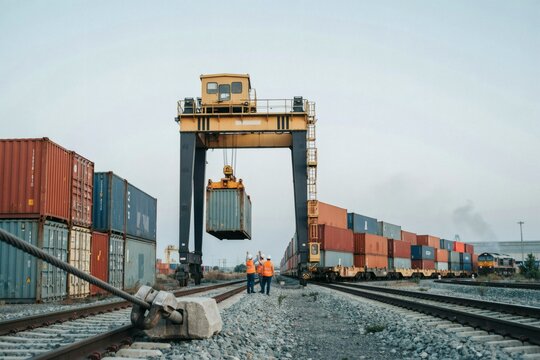 Rail freight terminal transferring containers