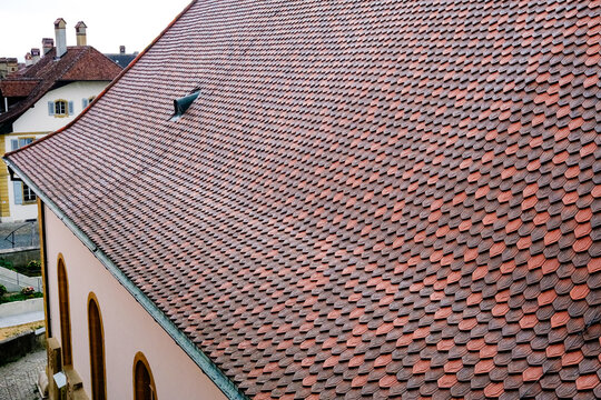 Detail of typical wooden shingles on Swiss roofs