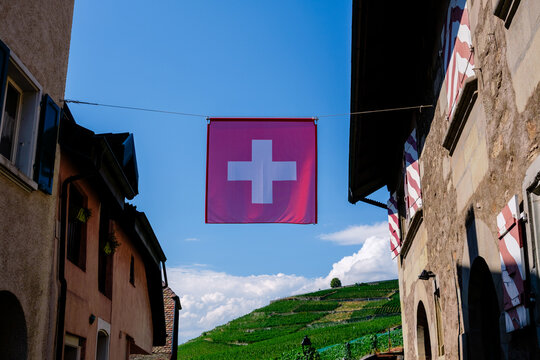 Vineyards and Swiss flag in Lausanne by Lake Geneva