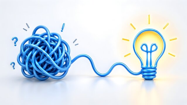 Tangled blue cable knot unraveling into a glowing yellow light bulb on white surface. Concept of creative problem solving and strategic innovation.