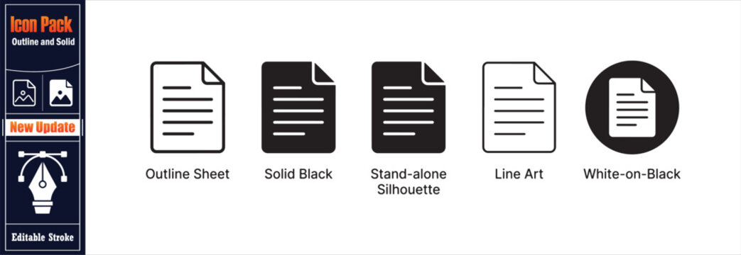 Outline sheet and solid black document icons, stand alone silhouette document, line art and white on black document icons.