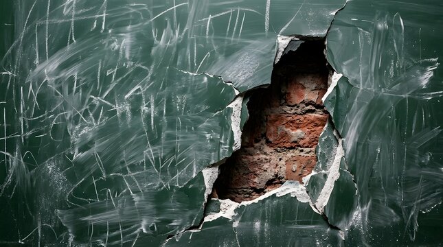 Cracked green chalkboard broken open exposing bare unfinished brick wall depicting an underfunded school system struggling within limited resources