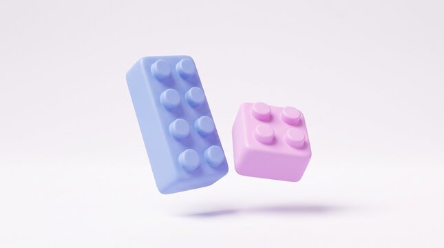 3D colorful plastic building blocks icon set with blue, pink, and yellow bricks for toy, play, and creativity concept